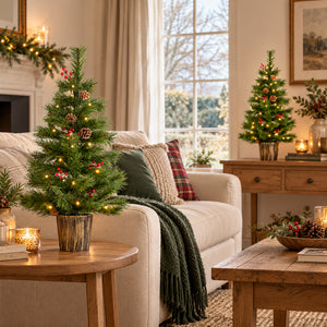 A decorated artificial Christmas tree with warm white string lights and pinecone ornaments stands on a wooden side table in a cozy living room. The room features a cream sofa with a green throw blanket, a window, and another Christmas tree in the background on a console table.