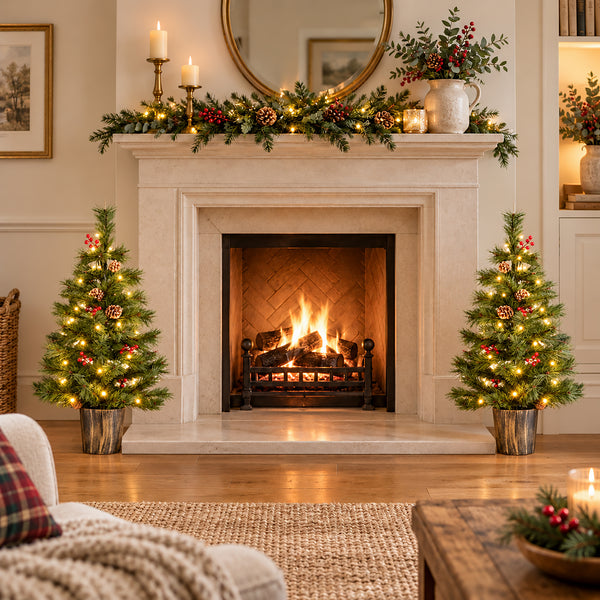A cozy living room scene centered on a lit fireplace with a white stone mantel decorated with green garland, candles, pinecones, and warm lights. Two small decorated Christmas trees stand on either side of the fireplace, and a sofa and coffee table are partially visible in the foreground.
