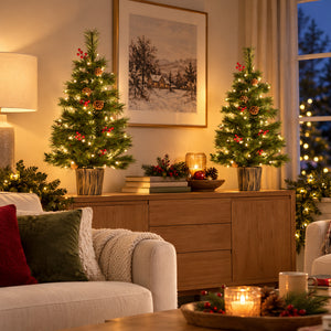 Two small potted Christmas trees with warm white string lights and red berry ornaments displayed on a wooden sideboard in a cozy living room at night.