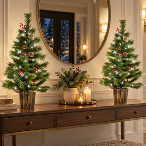 Two small decorated Christmas trees with white fairy lights and red berry ornaments stand on a wooden console table in a warmly lit room, with a mirror and candles in the background.