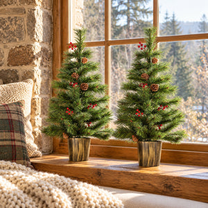 Two small artificial Christmas trees with green needles, brown pinecones, and red berries, displayed on a wooden windowsill in a cozy room setting.