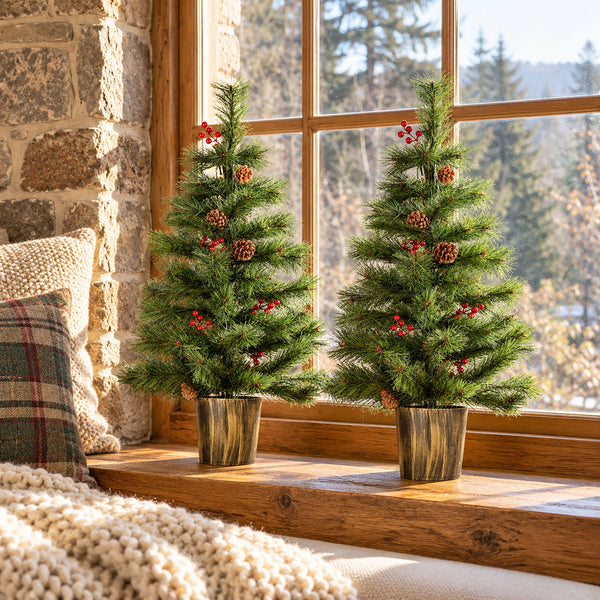 Two small artificial Christmas trees with green needles, brown pinecones, and red berries, displayed on a wooden windowsill in a cozy room setting.