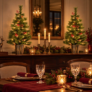 Two small decorated Christmas trees with warm white lights and red ornaments sit on either side of a dark wood console table in a warmly lit dining room. The table is set with plates, wine glasses, folded red napkins, and candle holders, with a mirror and chandelier reflected behind it.