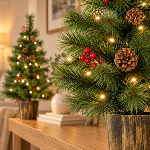 A close-up of a decorated artificial Christmas tree in a rustic brown pot on a wooden table, with warm string lights, pinecones, red berries, and a blurred second tree in the background.