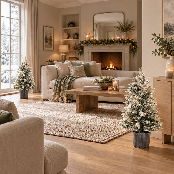 Small potted Christmas trees with snowy branches displayed around a cosy festive living room.