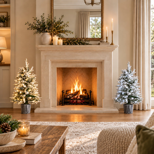 Two 90cm pre lit Christmas trees showing warm and cool white LED lighting beside a fireplace.