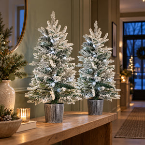 Two small potted Christmas trees with snowy branches and cool white LED lights displayed on a hallway console table.