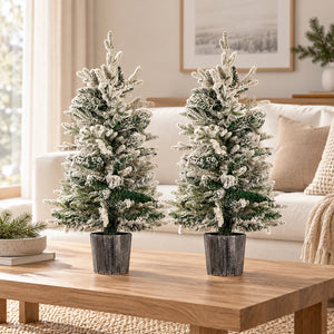 Two small potted Christmas trees with snowy branches displayed on a living room coffee table.