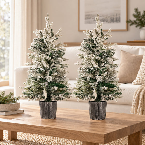 Two small potted Christmas trees with snowy branches displayed on a living room coffee table.