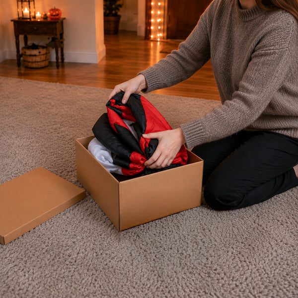 A person kneeling on a beige carpet in a home setting, unpacking a red and black patterned fabric item from a brown cardboard box.