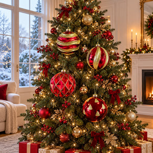 Traditional Christmas tree decorated with oversized red and gold glitter baubles in a festive living room.