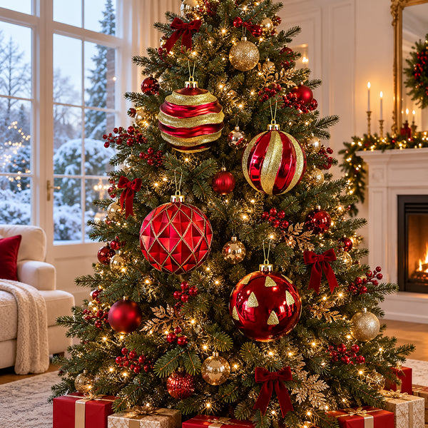 Traditional Christmas tree decorated with oversized red and gold glitter baubles in a festive living room.