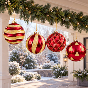 Set of four extra large red and gold Christmas baubles hanging from a festive outdoor porch garland.