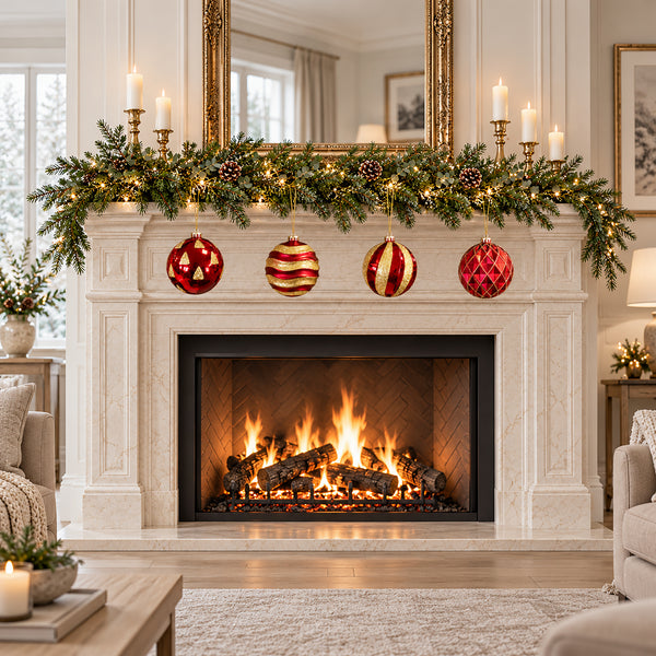 Four red and gold Christmas baubles hanging from a fireplace mantelpiece with festive garland decorations.