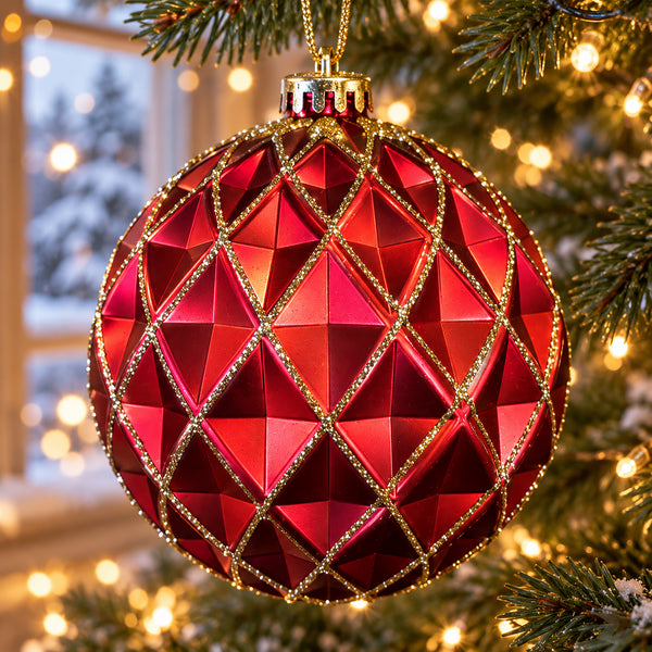 Extra large red Christmas bauble with gold glitter diamond lattice design hanging on a festive tree.