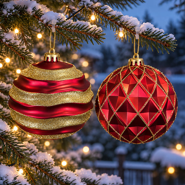 Two large red and gold glitter Christmas baubles hanging from an outdoor tree with warm white lights.