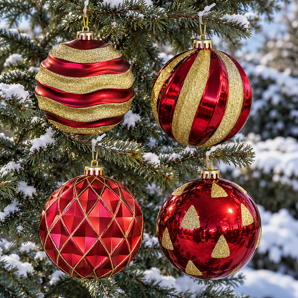 Four extra large red and gold Christmas baubles displayed together on an outdoor evergreen tree.