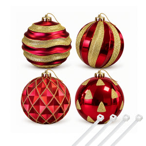 Pack of four 15cm red and gold Christmas baubles featuring different glitter designs on a white background.