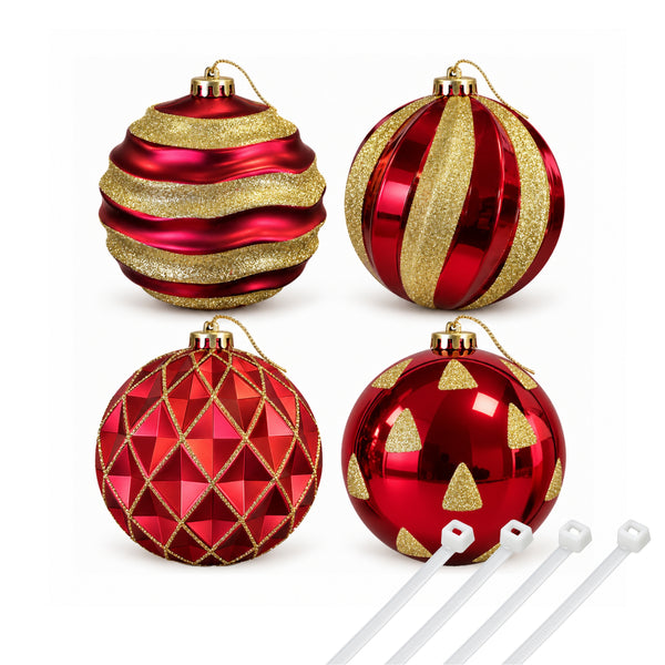 Pack of four 15cm red and gold Christmas baubles featuring different glitter designs on a white background.