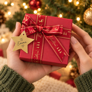 A person holds a small red gift box wrapped with a red ribbon printed with gold Christmas motifs and a gold star tag that says 'To Emma'. The background shows a softly blurred Christmas tree with warm lights.