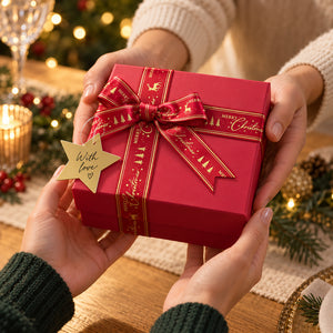A red square gift box wrapped with a red ribbon printed with gold Christmas motifs and a gold star tag reading 'With love', held by two hands in a cozy holiday setting with warm lights and pine greenery in the background.