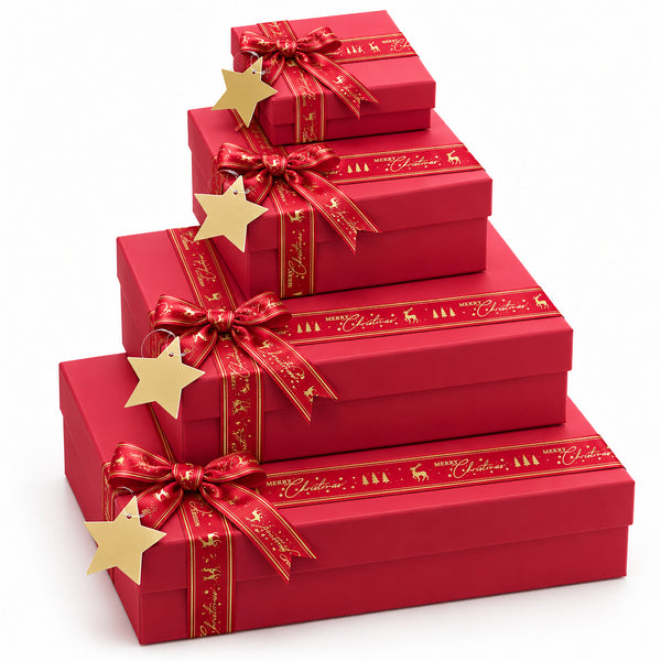 A stack of five red Christmas gift boxes of decreasing size, each tied with a red ribbon featuring gold holiday illustrations and a gold star accent, on a white background.