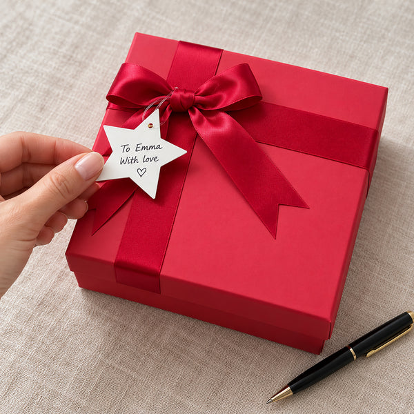A red gift box tied with a matching red satin ribbon and bow, with a small white star tag that reads 'To Emma With love' being held by a hand. A black pen with gold trim lies on a beige textured fabric surface nearby.