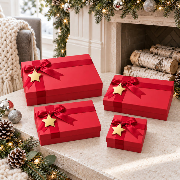 Four red Christmas gift boxes of different sizes, each wrapped with a matching red ribbon and a gold star ornament, arranged on a fireplace mantel with holiday greenery, logs, and lights in the background.