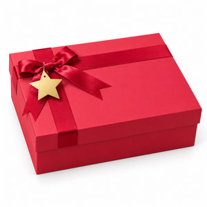 A red gift box with a matching red satin ribbon and bow, decorated with a small gold star charm, shown on a clean white background.