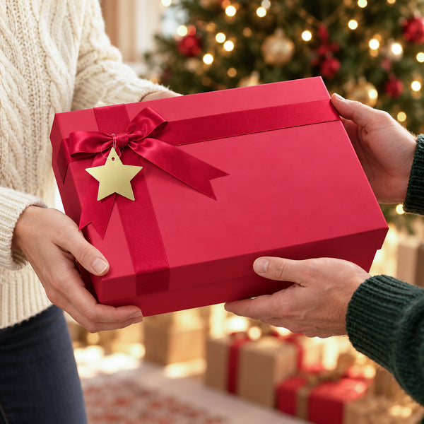 A person in a cream knit sweater holds a bright red gift box wrapped with a matching red ribbon and bow, decorated with a gold star charm. Another person in a dark green sweater supports the box, with a blurred Christmas tree and wrapped presents in the background.