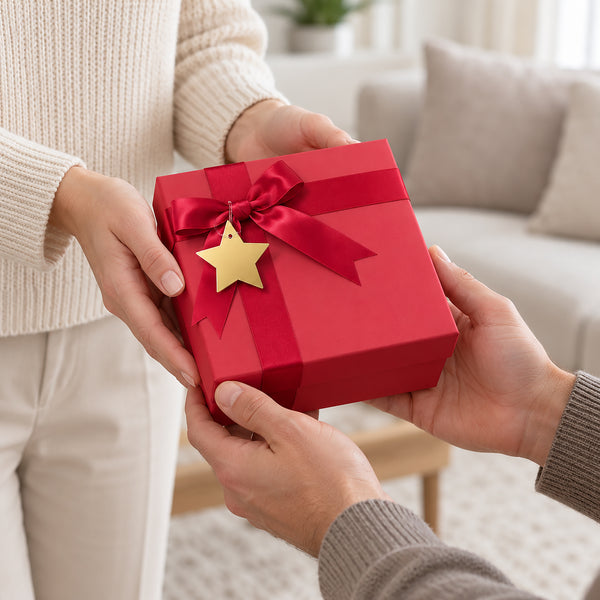 A person in a cream sweater hands a red gift box tied with a red ribbon and a gold star charm to another person in a gray sweater, set in a softly lit living room.
