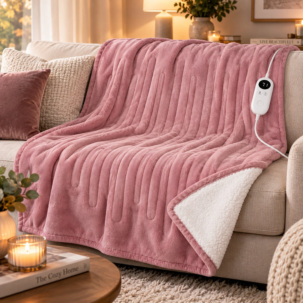 A pink heated blanket with a white sherpa lining draped over a beige sofa in a cozy living room setting. The blanket features a ribbed texture and a white control panel with a cord is attached.