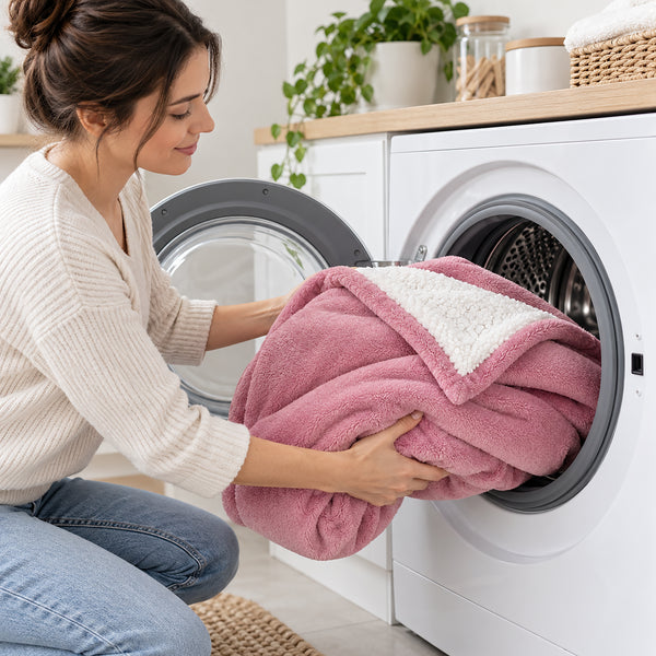 A woman kneels beside a white front-loading washing machine, placing a pink plush blanket or throw with a white sherpa-style backing into the drum. The scene is set in a bright, tidy laundry room with plants, jars, and a wooden countertop in the background.