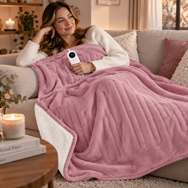 A woman reclines on a beige sofa in a cozy living room, wrapped in a pink fleece blanket with a white sherpa-style reverse side. She holds a white handheld controller, suggesting a heated blanket.