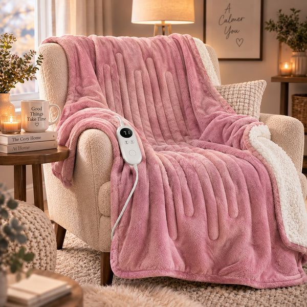 A pink heated throw blanket draped over a cream armchair in a cozy living room. The blanket has a textured, ribbed pattern on the top side and a soft sherpa-like underside, with a white wired remote control resting on the chair.