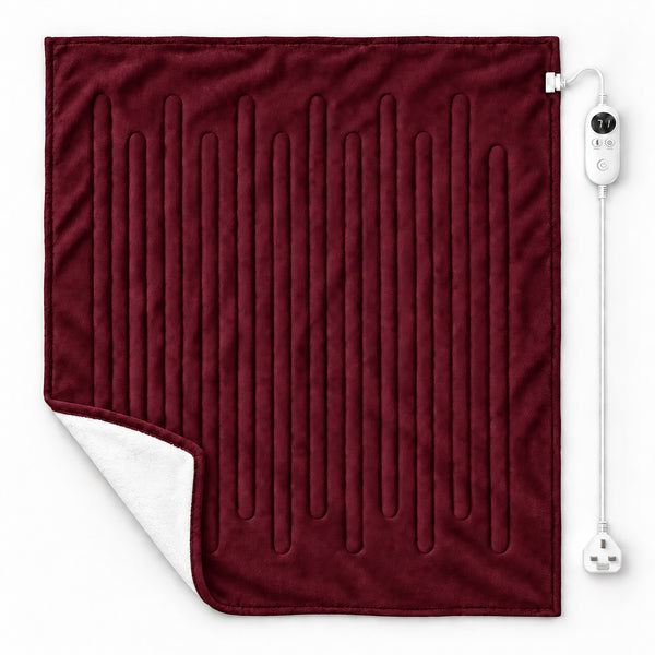 A square electric heating pad in deep burgundy with a white fleece lining, shown with its white power cord and control unit on a plain white background.