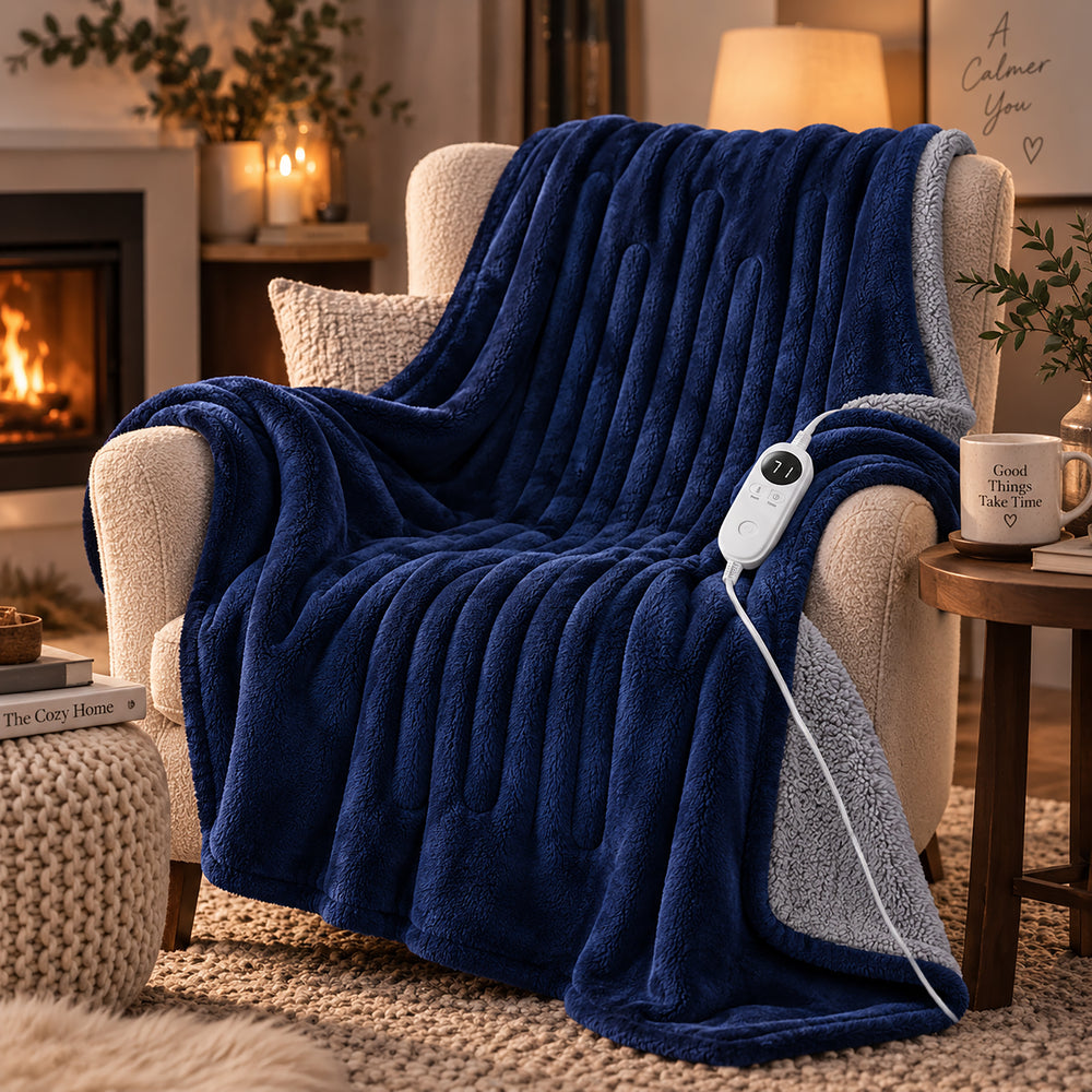 A plush electric heated throw blanket in deep navy blue with a light gray reverse side, draped over a cream armchair in a cozy living room setting with a fireplace, lamp, and side table.