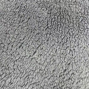 A close-up texture shot of a gray plush fleece fabric, showing the soft, looped pile detail.