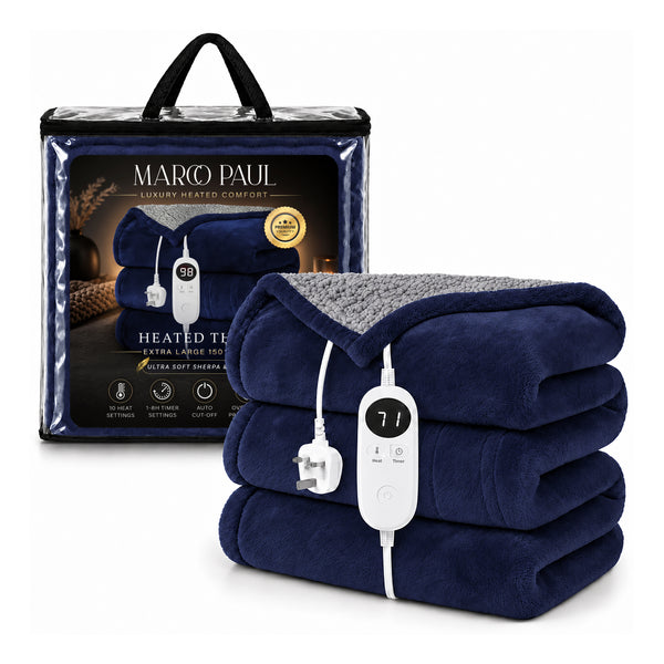 A folded navy blue heated throw blanket with a gray sherpa lining and a white wired controller, shown in front of its branded retail packaging on a clean white background.