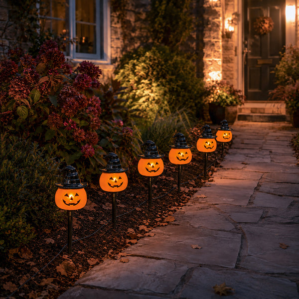 A row of glowing jack-o'-lantern Halloween yard lights with black witch hats, placed along a stone walkway in front of a house at night.