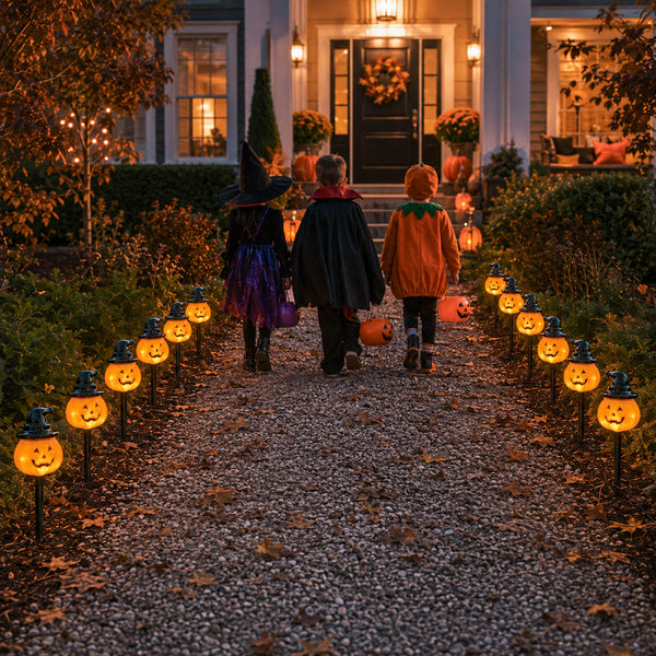 Two children dressed as a witch and pumpkin-headed character walk away from the camera down a gravel path toward a decorated house porch, with glowing jack-o'-lantern lawn lights lining both sides of the path.