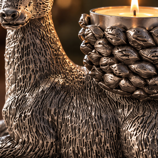 Close-up of a metallic bear-shaped candle holder with a lit tealight candle, showing detailed textured carving and a warm glowing flame against a dark blurred background.