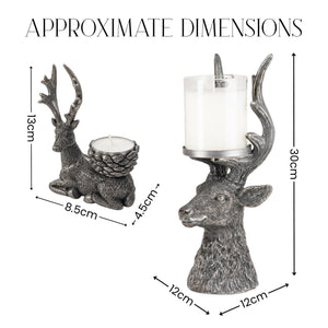 Deer-shaped candle holder with antlers and a clear glass cup, shown with approximate dimensions labeled on a white background.