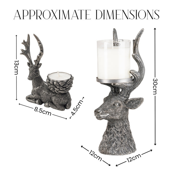 Deer-shaped candle holder with antlers and a clear glass cup, shown with approximate dimensions labeled on a white background.