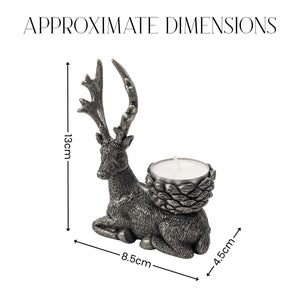 A deer-shaped candle holder with antlers and a pinecone-style cup holding a white tea light, shown on a white background with dimension arrows and labels reading 13cm, 8.5cm, and 4.