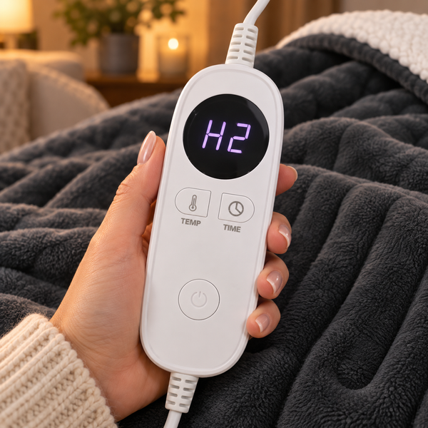 A hand holds a white digital heating pad controller with a small display reading 'H2', connected to a plush dark gray blanket in a cozy indoor setting.