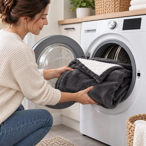 A woman in a cream sweater and blue jeans loads a dark gray fleece blanket with a white sherpa lining into a white front-loading washing machine in a bright, modern laundry room.