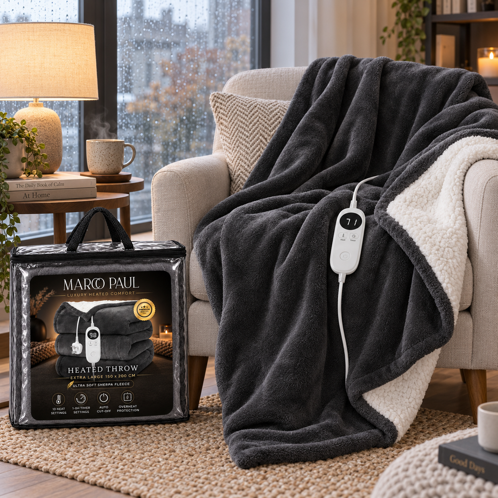 A dark charcoal gray and cream fleece heated throw blanket is draped over a beige armchair in a cozy living room setting, with its white wired controller visible. The product packaging by the brand Marko Paul is shown in the foreground on the floor.