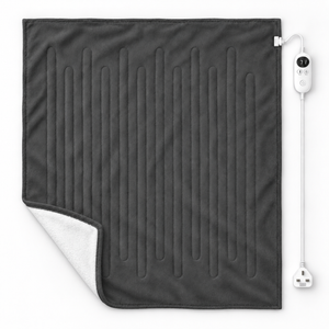 A dark gray electric blanket with vertical channel stitching, shown with its white power cord and controller on a plain white background.