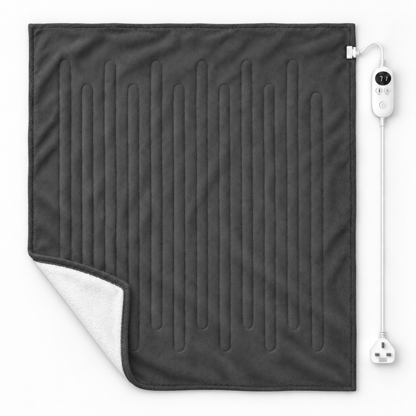 A dark gray electric blanket with vertical channel stitching, shown with its white power cord and controller on a plain white background.